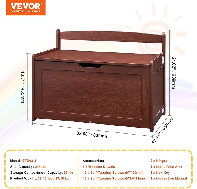 VEVOR Wooden Toy Chest for Kids, Toddler Toy Storage Box with Flip-Top Lid and Safety Hinge, 32.68 x 17.91 x 24.02 Large Kids Storage Bench for Playroom, Bedroom, Living Room or Entryway, Cherry