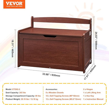 VEVOR Wooden Toy Chest for Kids, Toddler Toy Storage Box with Flip-Top Lid and Safety Hinge, 32.68 x 17.91 x 24.02 Large Kids Storage Bench for Playroom, Bedroom, Living Room or Entryway, Cherry