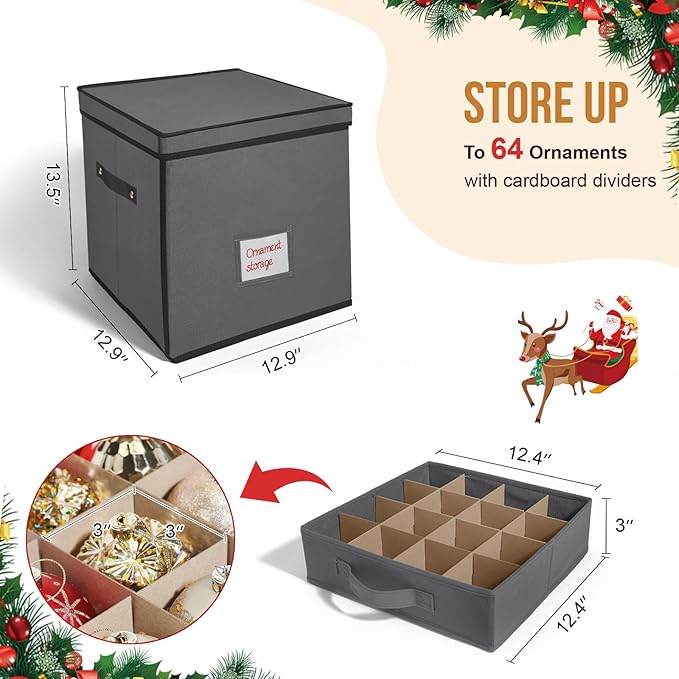 WDZREE Premium Large Christmas Ornament Storage,Box with Side Open, Drawer Style Trays - 3" Compartment, 4 Trays, Keeps 64 Holiday Ornaments -Made of Durable 600D Oxford Fabric Tear-Proof Material