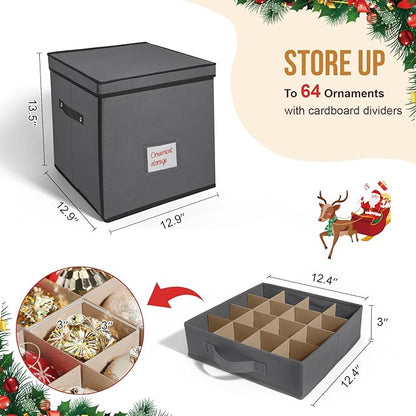 WDZREE Premium Large Christmas Ornament Storage,Box with Side Open, Drawer Style Trays - 3" Compartment, 4 Trays, Keeps 64 Holiday Ornaments -Made of Durable 600D Oxford Fabric Tear-Proof Material