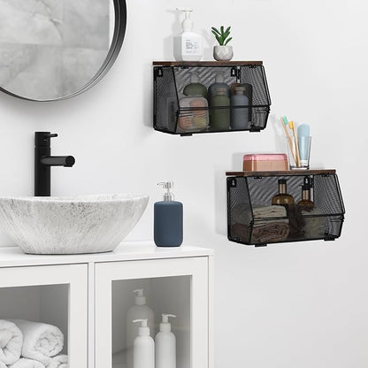 2 Pcs Stackable Mesh Fruit Basket with Lid Wall Produce Vegetable Storage Basket Onion Potato Snack Hanging Metal Wire Container for Kitchen Counter Pantry(Non-removable,Black,7.1"w & 11.8"l)