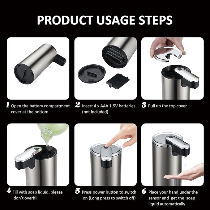 Automatic Soap Dispenser, Automatic Soap Dispenser Touchless, Kitchen & Bathroom, 3 Adjustable Volume for Liquid Soap, Water-Resistant, Hotel, Restaurant and School, Clog-Free, Stainless Steel