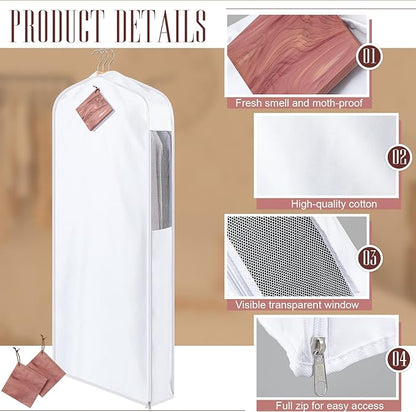 2 Set 60in Long Cotton Garment Bags, 6in Wide Gusset Hanging Storage Clothes with 8 Cedar Blocks, Transparent Mesh Window, Breathable Closet Bags for Fur Coat Suit Sweater Dress, White