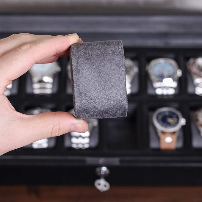 ROTHWELL 12 Slot Leather Watch Box for Men - Luxury Case Display Jewelry Organizer with Microsuede Liner - Travel Jewelry Case for Mens Accessories, Travel Organizer (Black & Grey)