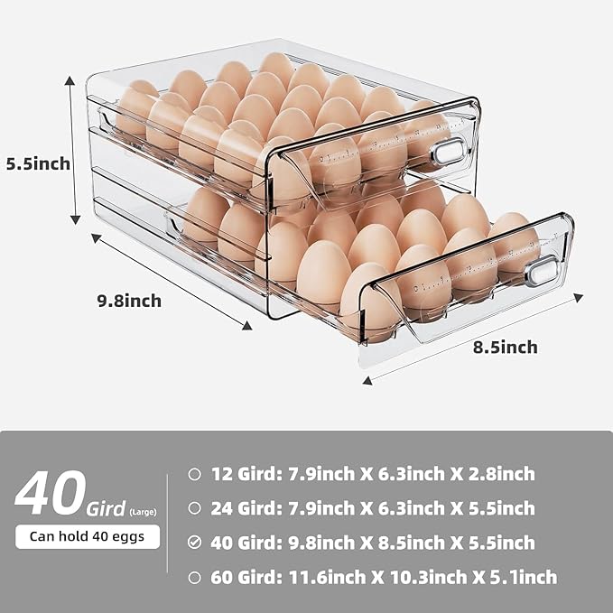 HIYOHIYO Clear 40 Egg Holder for Fridge, High Capacity Egg Storage for Refrigerator, Large Egg Container for Refrigerator, Stackable Eggs Storage Trays for Countertop (2 Layer, 9.8"x 8.5"x 5.5")