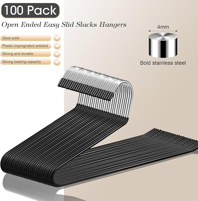 Treela 50 Pack Open Ended Pants Hangers, Metal Non Slip Hangers, Anti Rust Chrome Rubber Coating Slack Jeans, Heavy Duty Space Saving for Trousers Slacks Skirts (Black)
