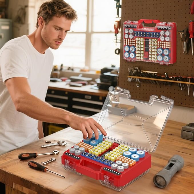 2025 Upgraded Large Battery Organizer Storage Case with Tester, Holds 185+Batteries with Double-Sided Design & Portable Handle, Fireproof & Splash-Proof Battery Holder for Most Sizes, Red