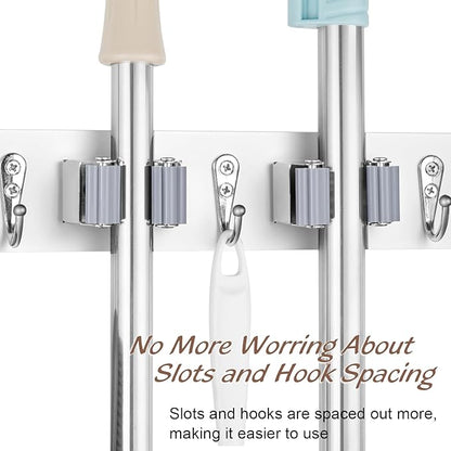 Mop and Broom Holder Wall Mount - White Broom Mop Hanger - Wall Mounted Garden Tool Rack Organizer for Closet Garage Laundry Room Kitchen Decor With 5 Slots & 4 Hooks
