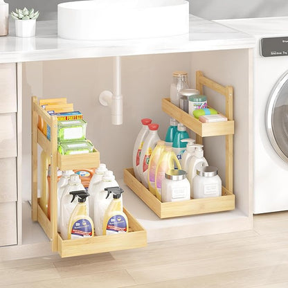 Under Sink Organizer - 2-Tier Pull Out Cabinet Organizer Vertical Slide Out Sink Shelf Storage Shelves for Multi-Purpose Bath Kitchen Bathroom Medicine (Nature, 2 Packs)