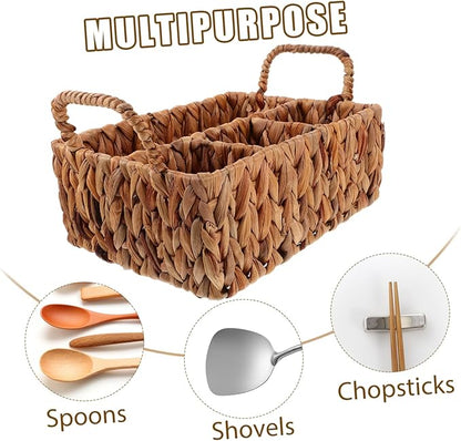 Woven Cutlery Organizer Basket Divided Hyacinth Design for Tabletop Cabinet Natural Storage for Silverware Snacks Stylish Space-saving Home Decor