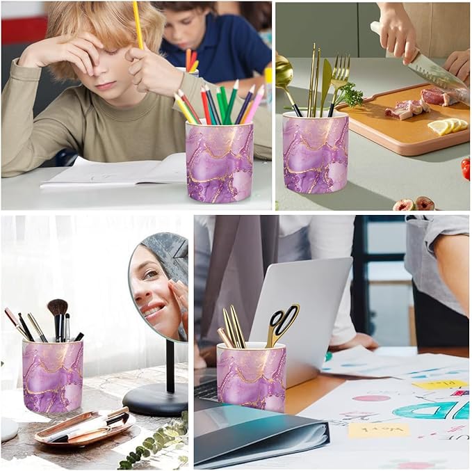 WAVEYU Pen Holder for Desk, Cute Ceramic Pencil Holder, Pen Cup Marker Holder Makeup Brush Holders, Desk Accessories & Workspace Organizers for Home, Office, Purple Marble