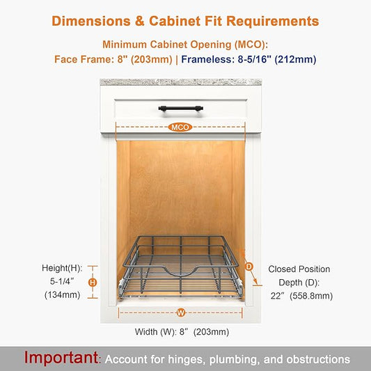 ALINE FURNITURE Pull Out Shelves - 8" W x 22" D Soft Close Pull Out Cabinet Organizer 1 Tier - Slide Out Drawers with Shelf Liner, Heavy Duty Steel Wire Baskets for Kitchen Cabinets, Pantry, Bathroom