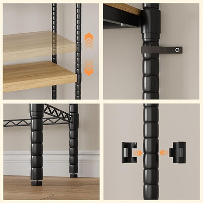 30" 5-Tier Over Washer Dryer Storage Shelf, Adjustable Laundry Room Shelves Organizer with Hanging Rod Hooks, Laundry Folding Station Rack for Top Load Machines, Black