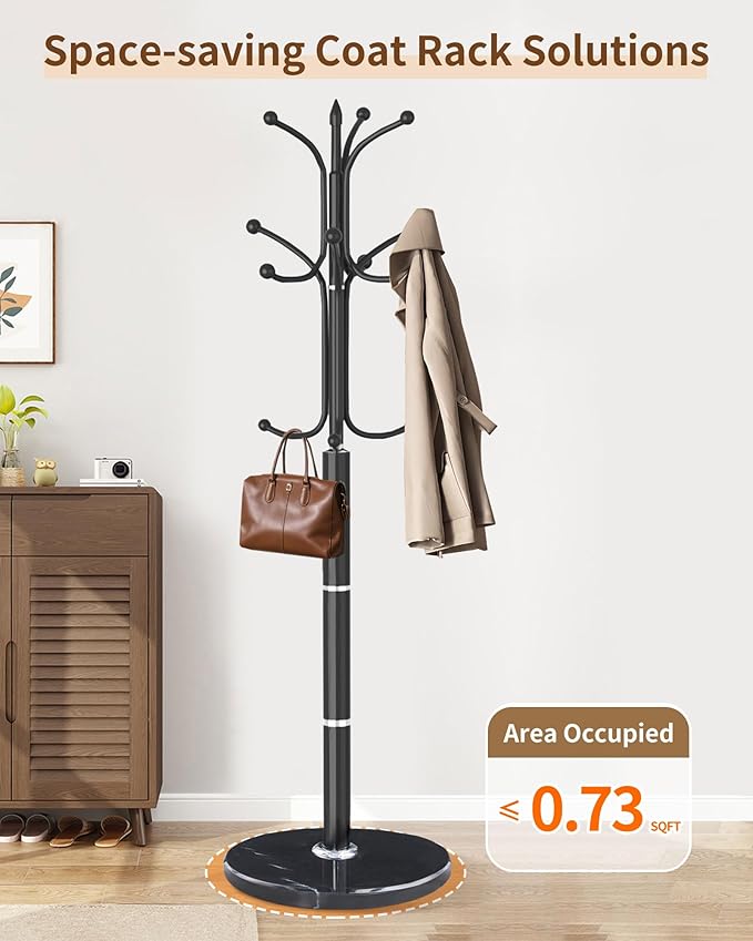 Modern Coat Rack Stand, Metal Freestanding Coat Rack with Natural Marble Base, Heavy-Duty Coat Racks with 12 Hooks,Black Coat Hanger Tree Stand for Office, Entryway, Hallway