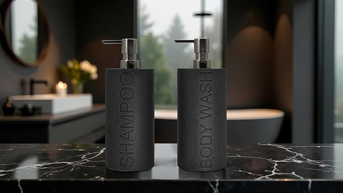 Indecor Home Resin 2 Pack Shampoo, Conditioner or Body Wash Dispenser Set, Luxurious Refillable Pump Bottles with Matte Pump Top and Embossed Text, Durable Design for Bathroom and Shower