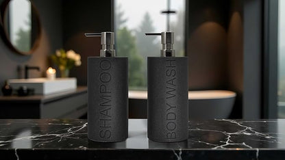 Indecor Home Resin 2 Pack Shampoo, Conditioner or Body Wash Dispenser Set, Luxurious Refillable Pump Bottles with Matte Pump Top and Embossed Text, Durable Design for Bathroom and Shower
