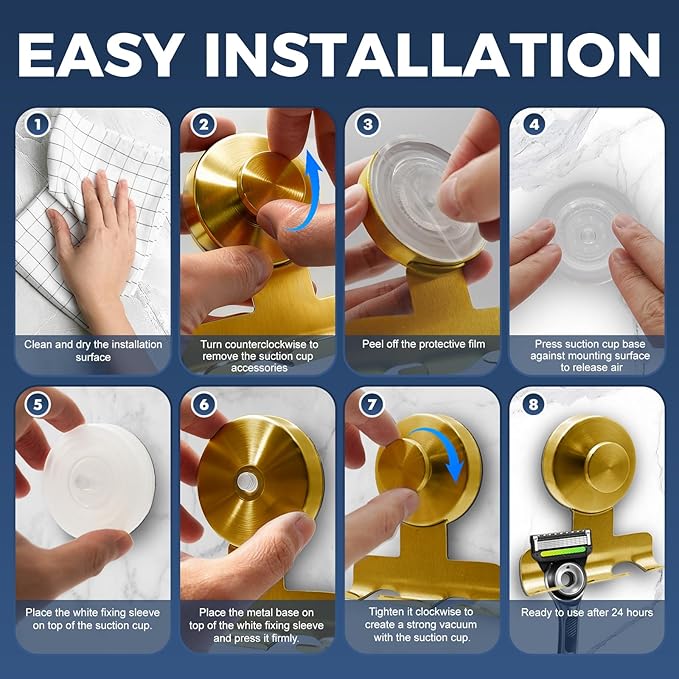 WingWider Suction Cup Razor Holder for Shower,Heavy-Duty 7KG Suction Hooks for Razor,Towel,Loofah,Removable Damage-Free Metal Shower Hook,Shaver Holder,2 Pack(Brushed Gold)