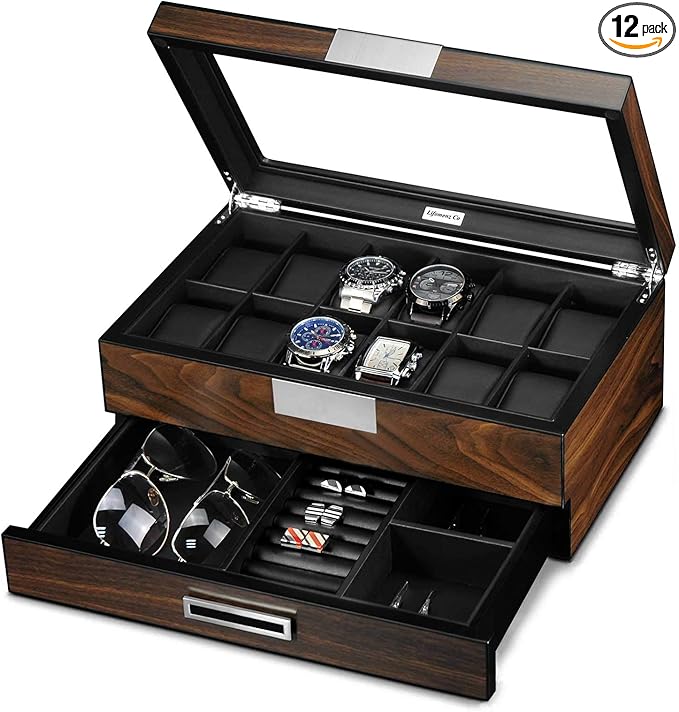 Lifomenz Co Wooden Watch Box for Men Watch Jewelry Box organizer with Valet Drawer,12 Slot Watch Display Case Holder Large Watch,Men Accessories Organizer with Real Glass Window Top