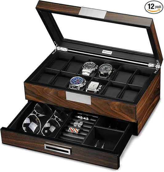 Lifomenz Co Wooden Watch Box for Men Watch Jewelry Box organizer with Valet Drawer,12 Slot Watch Display Case Holder Large Watch,Men Accessories Organizer with Real Glass Window Top