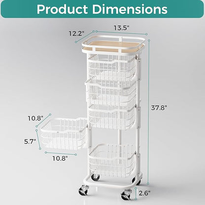 5 Tier Kitchen Fruit Vegetable Storage Cart with Rotating Basket, Rolling Rack Shelf Organizer Floor Stand on Wheel for Snack Spice Produce Veggie Onion Potato Bin, Vianderos Para Cocina, White
