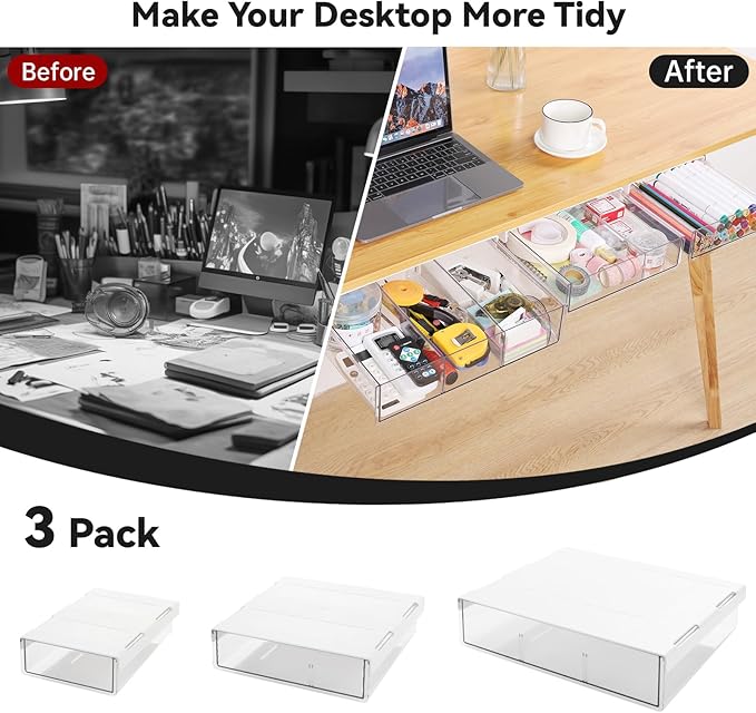 OTraki Under Desk Table Drawer Storage Organizer 3 Pack Large & Medium & Small Under Desk Storage Drawers Slide Out Self-Adhesive Amount Drawer Attach for Office, Home, School (S/M/L)