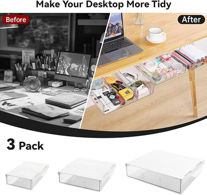 OTraki Under Desk Table Drawer Storage Organizer 3 Pack Large & Medium & Small Under Desk Storage Drawers Slide Out Self-Adhesive Amount Drawer Attach for Office, Home, School (S/M/L)