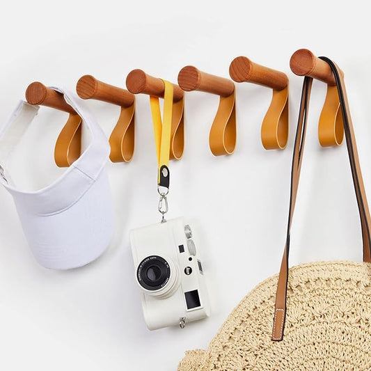 HomeDo Wall Hooks, Wooden Coat Rack Wall Mounted, Entryway Hat Hanger, Decorative Single Organizer, Heavy Duty Towel Hook (Cherry Wood-3inch, 6Pack)