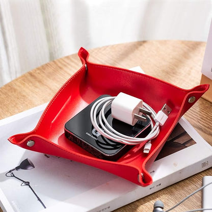 SANQIANWAN Leather Jewelry Valet Tray for Women and Man, Portable Entryway Table Tray Bedside Nightstand Desk Tray Small Catchall Travel Dish Plate for Key,Wallet,Watch,Coin (Red-B)
