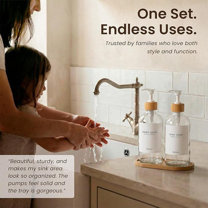 Maisonovo Glass Soap Dispenser Bathroom Set | Hand Soap and Dish Soap Dispenser Set | 16.9oz Clear Bottles with White Bamboo Pump | Bathroom Lotion Dispenser with Pump Set of 2