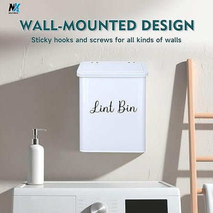 Magnetic Lint Bin for Laundry Room, Wall Mounted Metal Lint Box Holder Trash Can with Lid for Dryer, Lint Basket for Laundry Room Organization,Dryer Trash Can with Soft Lint Brush and Hooks