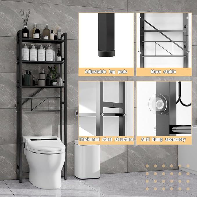 DOFIMATE Over The Toilet Storage Cabinet, Metal 3 Tier Bathroom Organizer Shelf, Stable Freestanding Above Toilet Stand, Black