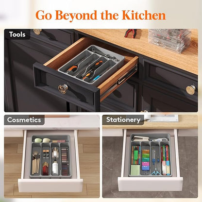 Lifewit Silverware Drawer Organizer Tray, Plastic Cutlery Storage for Kitchen Drawer, Flatware and Utensil Holder Divider for Spoons Forks Knives Tableware, 5 Compartment, Gray