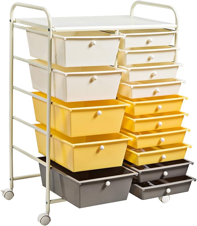 KOTEK 15-Drawer Rolling Storage Cart, Multipurpose Mobile Utility Cart with 4 Wheels, Home Office School Tools Scrapbook Paper Organizer (Yellow)