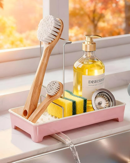Caumic Minimalist Sink Caddy, Rustproof Sponge Holder for Kitchen Sink with 304 Stainless-Steel Brush Holder, Countertop Rack Organizer with Raised Ridges & Silicone Drain Tube (Blush Pink)
