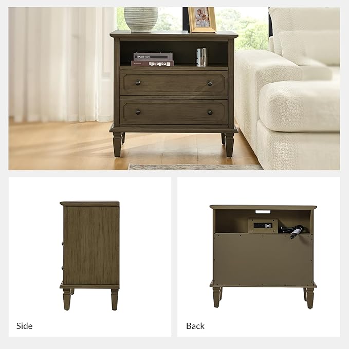 HULALA HOME Farmhouse End Table with Charging Station Set of 2, End Table with USB Ports & Outlets, Fluted Pilasters Design Side Table with Open Space and 2 Drawers Dresser for Living Room, KONA