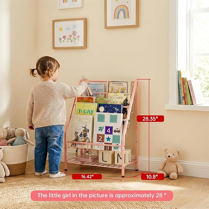 JAQ Toddler Bookshelf for Girls, 4-Tier Metal Kids Child Bookcase Rack with Toy Storage Organizer in Playrooms Nursery Clasroom Corner Library for Infants Baby Young Children (24.92 inch, Pink)