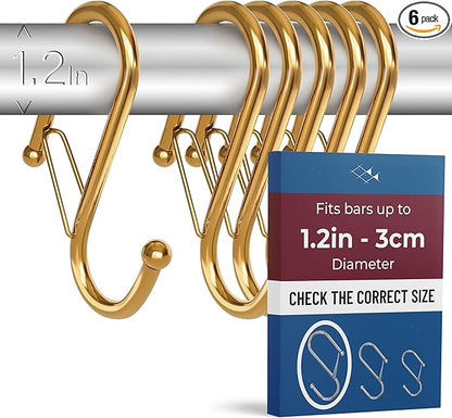 Blau Marité 6-Pack Metal S Hooks for Hanging – Heavy-Duty S-Shaped Hook with Safety Buckle – Fits Bars up to 1.2 in – Anti-Drop S-Hooks for Closet, Wardrobes & Storage – Golden (Large)