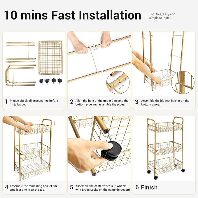 3 Tier Rolling Utility Cart, Storage Trolley Service Cart with Wheels Easy Assembly for Kitchen, Living Room, Office, Salon, Gold