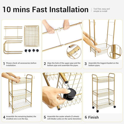 3 Tier Rolling Utility Cart, Storage Trolley Service Cart with Wheels Easy Assembly for Kitchen, Living Room, Office, Salon, Gold
