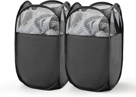 TECHMILLY Pop Up Foldable Laundry Basket, Mesh Laundry Hamper with Reinforced Handles for Dirty Clothes Storage in Dorm, Laundry Room, Bathroom, Black(Fabric), 2 Pack