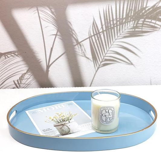 Spsyrine Blue Plastic Serving Tray for Ottoman, Coffee Table, Oval Decorative Tray for Entertaining, Outdoor, Living Room, Home Decor
