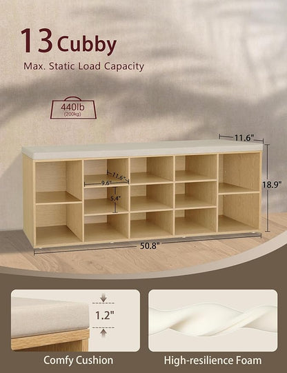 DINZI LVJ Shoe Storage Bench with Cushion, 13-Cubby Shoe Rack, Adjustable Shelves, Multifunctional Shoe Organizer Bench for Entryway, Mudroom, Hallway, Living Room, Bedroom and Garage, Natural