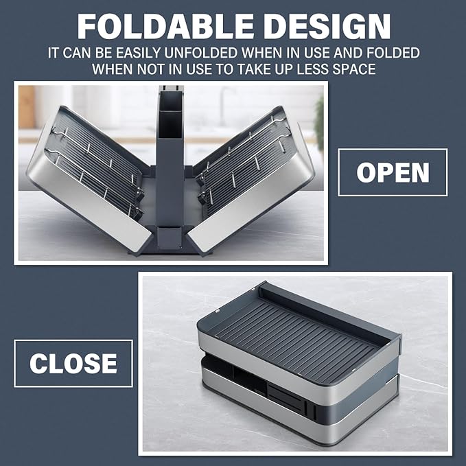 Stelive Foldable Dish Drainer Rack with Removable Cutlery Holder Stainless-Steel Dish Drying Rack with Dual Parts, Space-Saving Dish Rack, Rustproof Utensil Drainer for Kitchen Counter, Gray/Steel