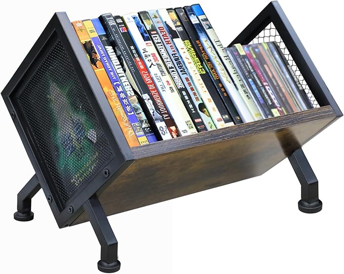 DVD & CD Storage Rack, Blu ray Storage Shelve Holds Up To 28 DVD Cases, Wooden Media Holder also Used for CDs, Video Game, Vhs Taps Storage, Retro Style Desktop organizer