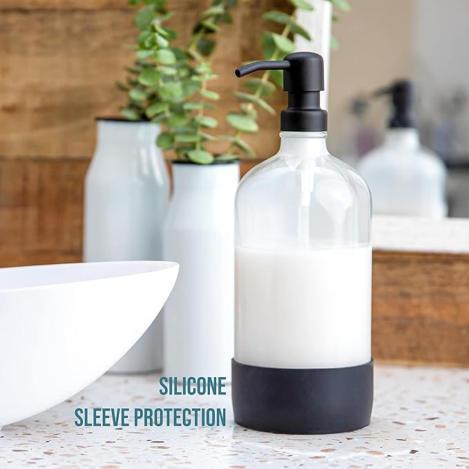 Kitchentoolz 32 oz Glass Pump Bottle with Stainless Steel Pump, Funnel, and Lids - Black