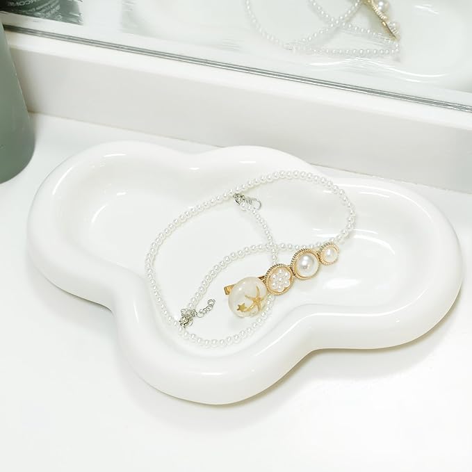 Cloud Trinket Dish, Chubby Jewelry Tray, Ceramic Jewelry Ring Trinket Dish for Rings Earrings Necklace Organizer, Mother's Day Thanksgiving Christmas Birthday Bridesmaid Gifts (T-White)