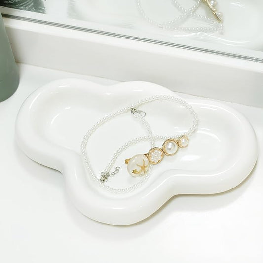 Cloud Trinket Dish, Chubby Jewelry Tray, Ceramic Jewelry Ring Trinket Dish for Rings Earrings Necklace Organizer, Mother's Day Thanksgiving Christmas Birthday Bridesmaid Gifts (T-White)