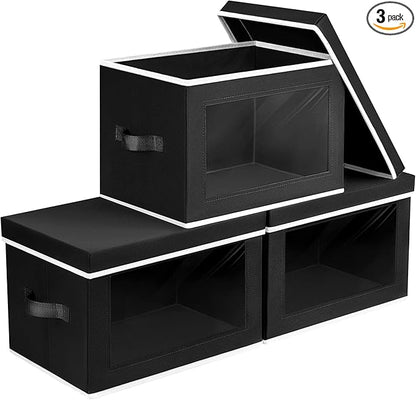 Storage Boxes with Lids, Collapsible Storage Bins with Handles, Closet Storage Baskets with Window, Fabric Storage Containers for Organizing Clothes, Towels, Books, 3 Packs, Black