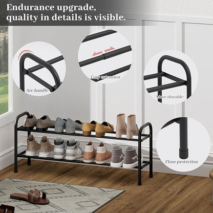 Expandable Shoe Rack, 2-Tier Metal Small Shoe Rack, Adjustable Shoes Organizer, Storage Shelf for Closet, Entryway, Black