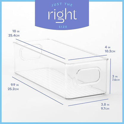 primebox Plastic Food Storage Clear Container Bin with Handles for Organizing Kitchen, Pantry, Refrigerator, Freezer, Pantry, Cabinet, Closet, Bathroom. Stackable 10"X4"3"